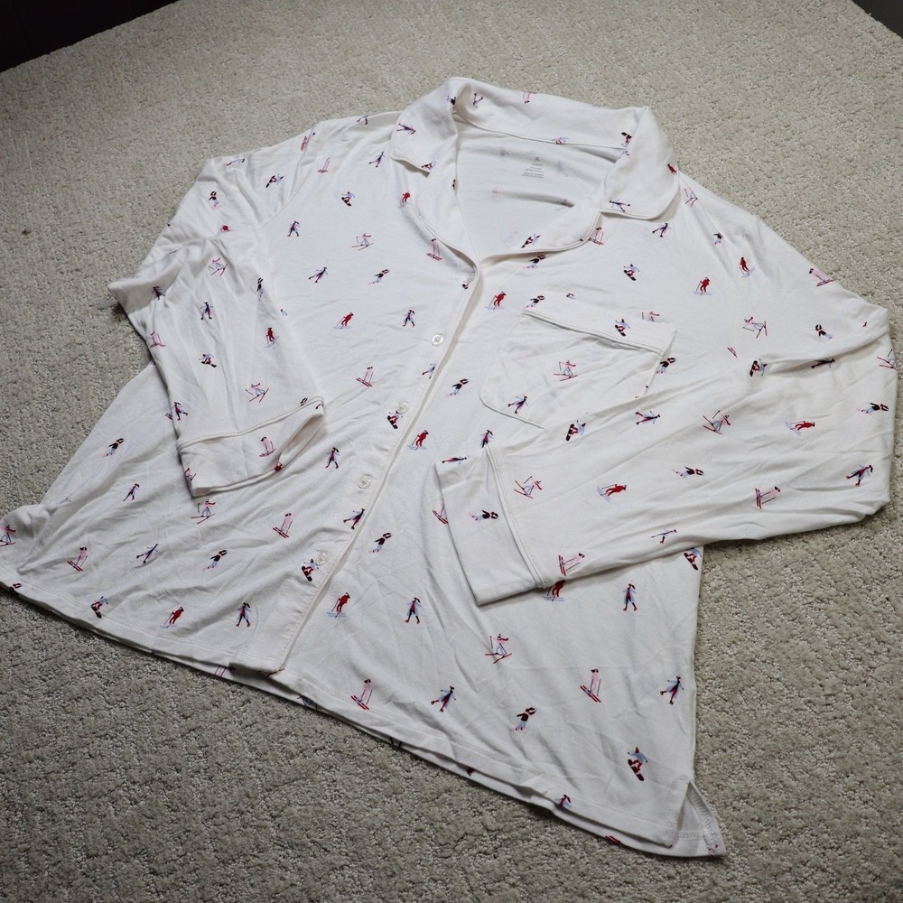 Auden Cloud Knit Skier Snowboarder Print Pajama Top White XL Long Sleeve Button